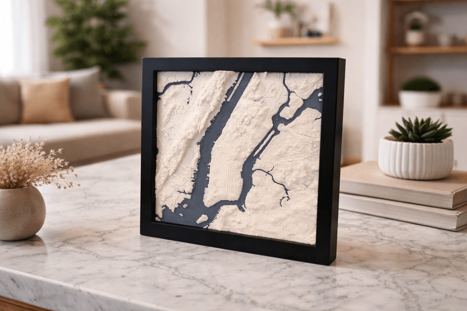 Terrain map on marble surface in a bright modern living room