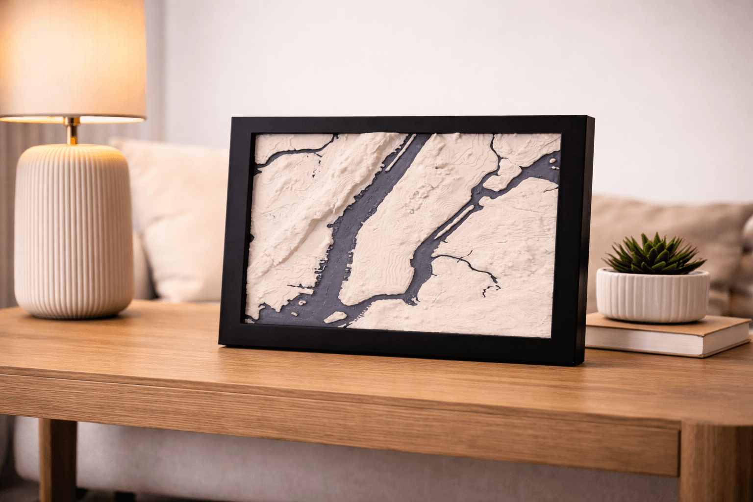Landscape terrain map leaning on a wooden table